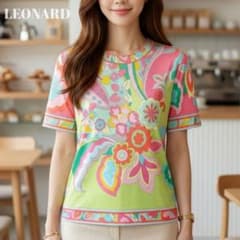 【美品】LEONARD　レオナール　総柄カットソー　Lサイズ　花柄　フラワー柄 a92【美品】LEONARD レオナール 花柄カットソー マルチカラー Lサイズ