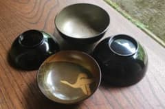 極小傷あり！時代黒漆に極上研ぎ出し雁蒔絵の映える煮物椀2点（検京塗