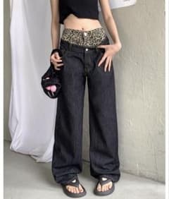 レオパード柄ウエスト切り替え ワイドデニムパンツ　Lサイズのサムネイル