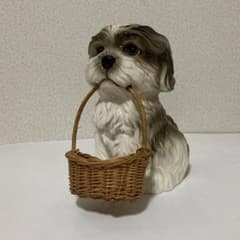 ヴィンテージ シーズー 犬の陶器置物 かご付き 靴べら ブラシ