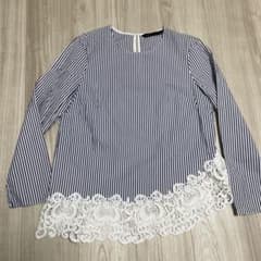 ZARA WOMAN ストライプ レースブラウス チュニック アシンメトリーM 