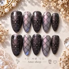 黒レース模様×シルバーマグネットのゴシックネイルチップ - 5