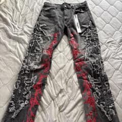 Smoke Rise ダメージ加工 デニムパンツ レッドプリント 36 - メルカリ