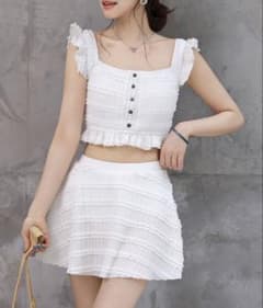 [Brand New, Unused] Women's Swimsuit: Button Bustier Style Frill Skirt Top and Bottom Set (2 Pieces)
