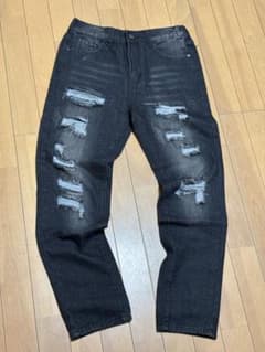 ダメージ加工 ブラックデニムパンツ ウエストゴムのサムネイル