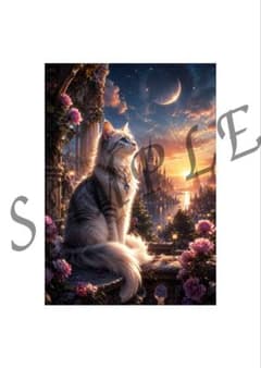 夕暮れに願いを託す猫✨幻想の城と三日月 A4アートポスター 猫好き