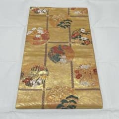 梅垣織物 袋帯 花丸文 格子 西陣織 正絹 金糸 引箔 ゴールド系 逸品 