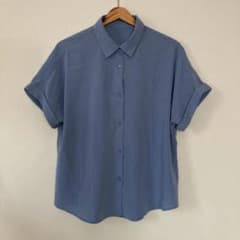 【GU】 ジーユー ロールアップ ブラウス (L) 半袖 くすみブルー