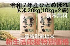 Ｒ7年宮城県登米市産　一等特別栽培米 ひとめぼれ玄米10kg×2袋　精米無料のサムネイル