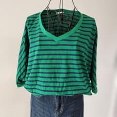 レディース 五分袖カットソー グリーン ボーダー柄 Ｌサイズ　春夏秋服のサムネイル