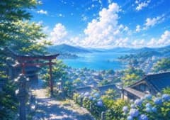 【イラスト】紫陽花と海辺の神社 アートポスターのサムネイル