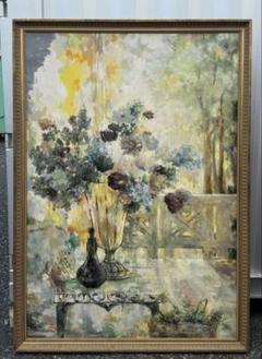 平野能子作　油彩絵　窓辺のボンボニエール　直筆　額装　P50号　送料込み0822 平野能子作 油彩絵 窓辺のボンボニエール 直筆 額装 P50号 送料