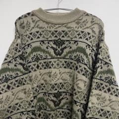 【良デザイン】ニット 古着 カーキ 幾何学模様 Dulwije 日本製