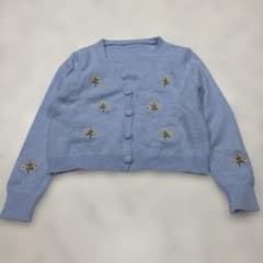 花柄刺繍 ショート丈 ニットカーディガン ブルー Y2K