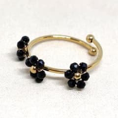 【新品】 フラワーリング ビーズ 金メッキステンレスリング ブラックのサムネイル