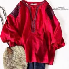 新品タグ付 レリューム エンブロイダリー七分袖ブラウス 赤 刺繍 