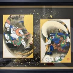 日本画 風神雷神図 浮世絵 色紙 金箔使用 - メルカリ