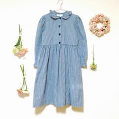② ヴィンテージ ワンピース ギンガムチェック フリル 丸襟 美品 レア 紺のサムネイル