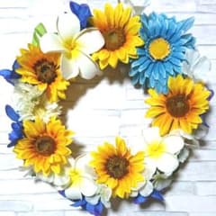 【ハンドメイド☆造花】ひまわり&ハイビスカス リース☆ブルー☆直径約30センチのサムネイル