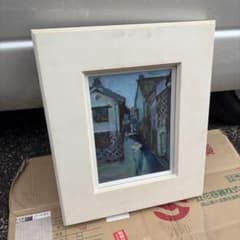 油彩画 街並み 風景画 額装付き 白 ホワイト シンプル 額縁 木製 F4号