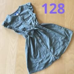 Okaidi 어깨 프릴 데님 원피스 웨스트 리본 128 8 A/Y