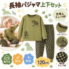 キッズ パジャマ部屋着 男の子 恐竜柄 長袖 上下セット チェック柄 120cmのサムネイル