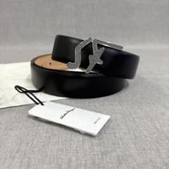 신품 Ferragamo 남성 벨트 실버 반짝이 쇠장식 블랙 가죽 90