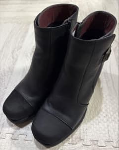 あしながおじさん 本革 ショートブーツ 22.5cm ブラック サイドジップ