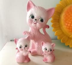 希少 昭和レトロ 猫 ヴィンテージ 陶器製 ピンクの猫 親子セット
