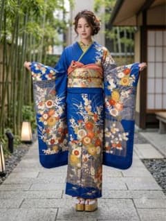 名品】豪華正絹振袖 瑠璃紺 御所車 金彩 花地紋 紋意匠 古典柄 裄丈 