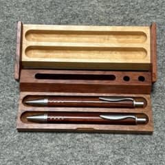 木軸 ボールペン シャープペン 2本 卓上トレイ付 木製ペンケース　ジャンクのサムネイル