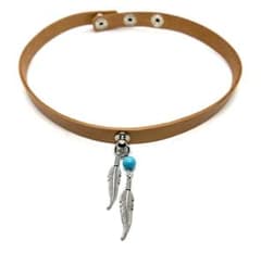 本革 レザー フェザー ターコイズ チョーカー ネックレス