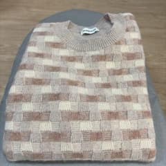 美品PAPASPLUSアンゴラ絹混クルーネックニットセーターブロック編M 