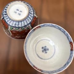 ♥値下げ♥　古伊万里　茶碗　桐箱付き　茶道具　骨董　古玩 最終処分特価古伊万里色絵小ぶりなお茶碗蓋無し二客セット冨貴長春貫入