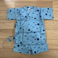 水色 魚柄 ベビー甚平 上着とショートパンツセット　95のサムネイル