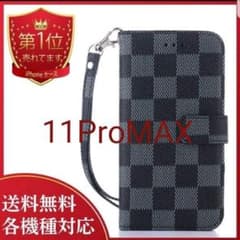 チェック柄iPhone11ProMAXケース手帳型・黒色　スマホ/韓国のサムネイル