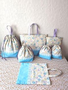 花柄＆水色入学入園7点セット、レッスンバック☆上履き袋☆体操着袋