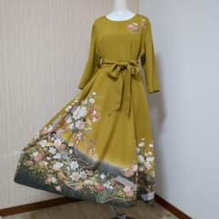 着物リメイク　正絹訪問着　七分袖フレアーロングワンピース　裏地付 着物リメイク 正絹訪問着 七分袖 フレアーロングワンピース 裏地付