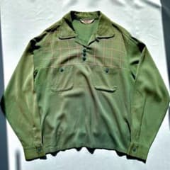 50s レーヨン ギャバ プルオーバー シャツ 開襟 L オープンカラー