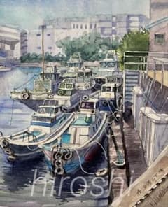 922＊水彩画原画 横浜港 山下橋 船溜まり - メルカリ