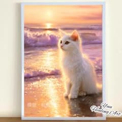 행운의 파도가 운반 | 빛의 해변과 흰 고양이 No.3 | 개운 힐링 아트