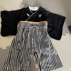 ベビー着物スタイル服 黒と白のストライプ80のサムネイル
