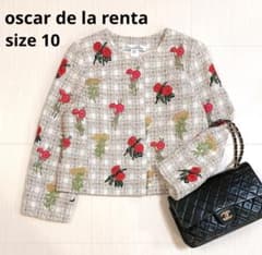 oscar de la renta ノーカラージャケット ツイード 刺繍 美品 - メルカリ