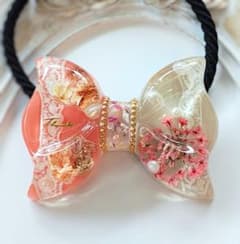 ✾ ヘアゴム ✾ リボン フラミンゴ/ミルクティ ドライフラワー レジン 大きめのサムネイル