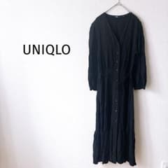 Z【ユニクロ】ロングシャツワンピース S 黒 長袖 前開き Vネック リボン