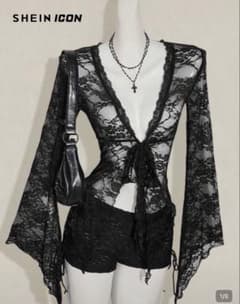 SHEIN ICON レース 長袖 カーディガン ブラックのサムネイル