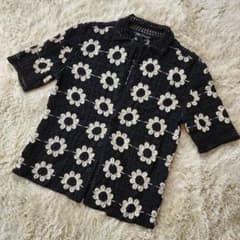 ZARA】ザラ 花柄 クロシェ編み ニット シャツ カーディガン 半袖 黒 S