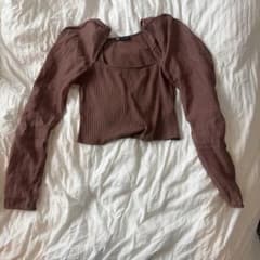 ZARA リブトップス パフスリーブ ブラウン Mのサムネイル