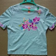 専用！レオナール 半袖綿ニット  ミント色 紫・ピンク花ビーズスパンのサムネイル