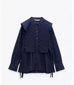 値下げ❗️zaraキルティングベストポプリンシャツ　ネイビー　ドッキングシャツのサムネイル